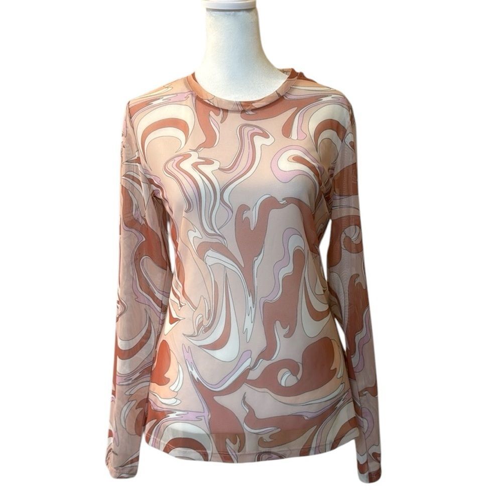 Pigalle Woman's Marbled Mesh‎ Long SLeeve Sheer Top Y2K Large